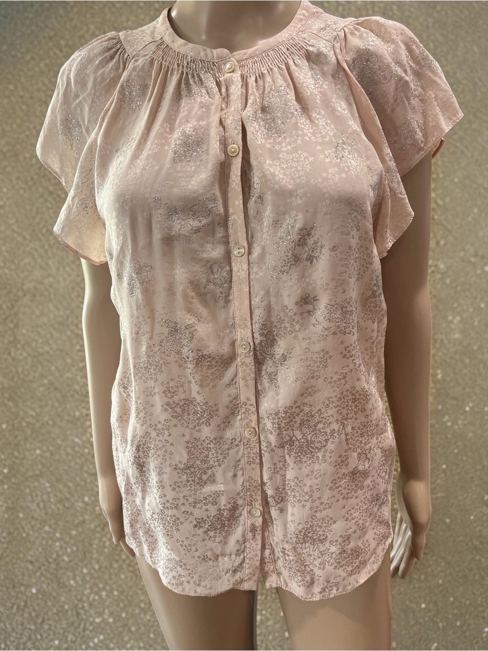 Rebecca Taylor Pink "Amor" Metallic Shimmer Silk Blend Blouse • Smocked Neck